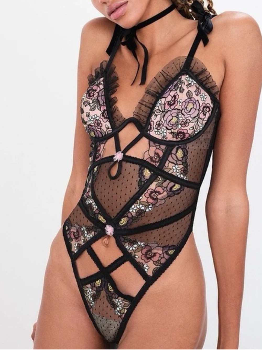 NWT For Love & Lemons Clara Black and Pink Floral Lingerie Teddy -Small